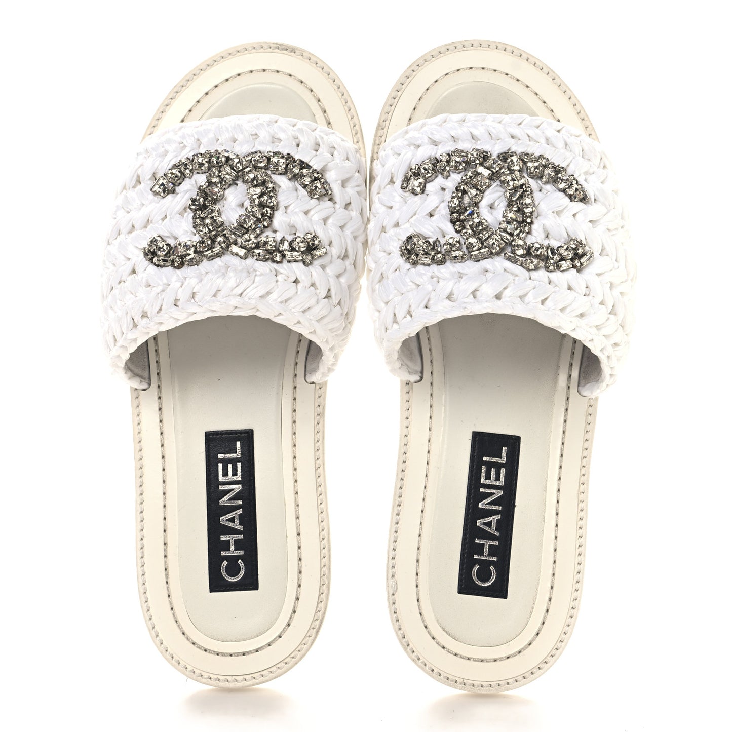 Raffia Crystal CC Mules Sandals 39.5 White