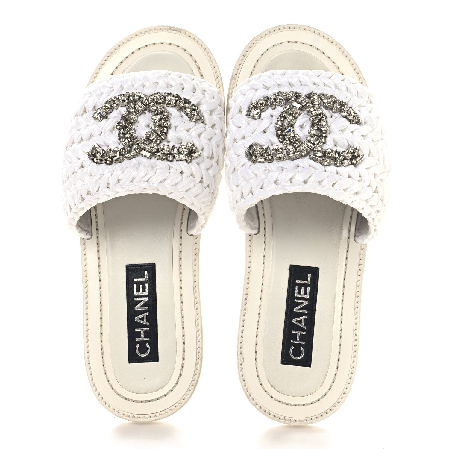 Chanel Raffia Crystal CC Mules Sandals 39.5 White 2 of 10
