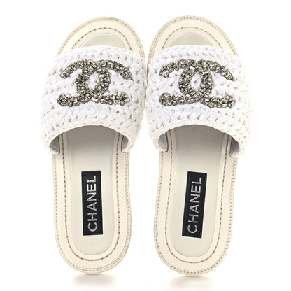 Chanel Raffia Crystal CC Mules Sandals 39.5 White 2 of 10