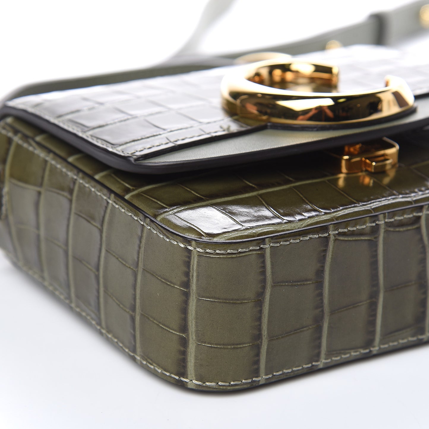Calfskin Crocodile Embossed Mini C Double Carry Misty Forest