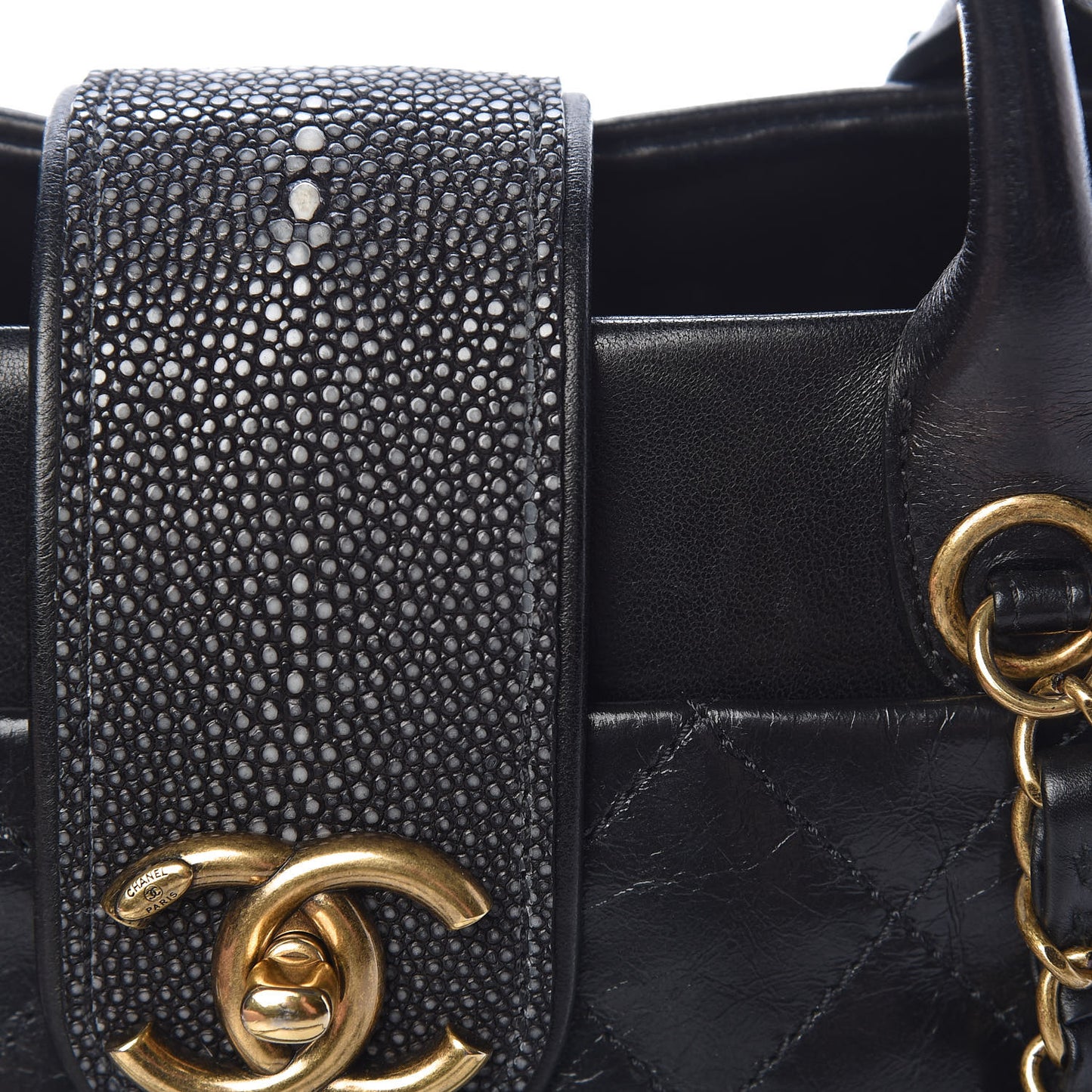 Glazed Calfskin Stingray Bindi CC Tote Black