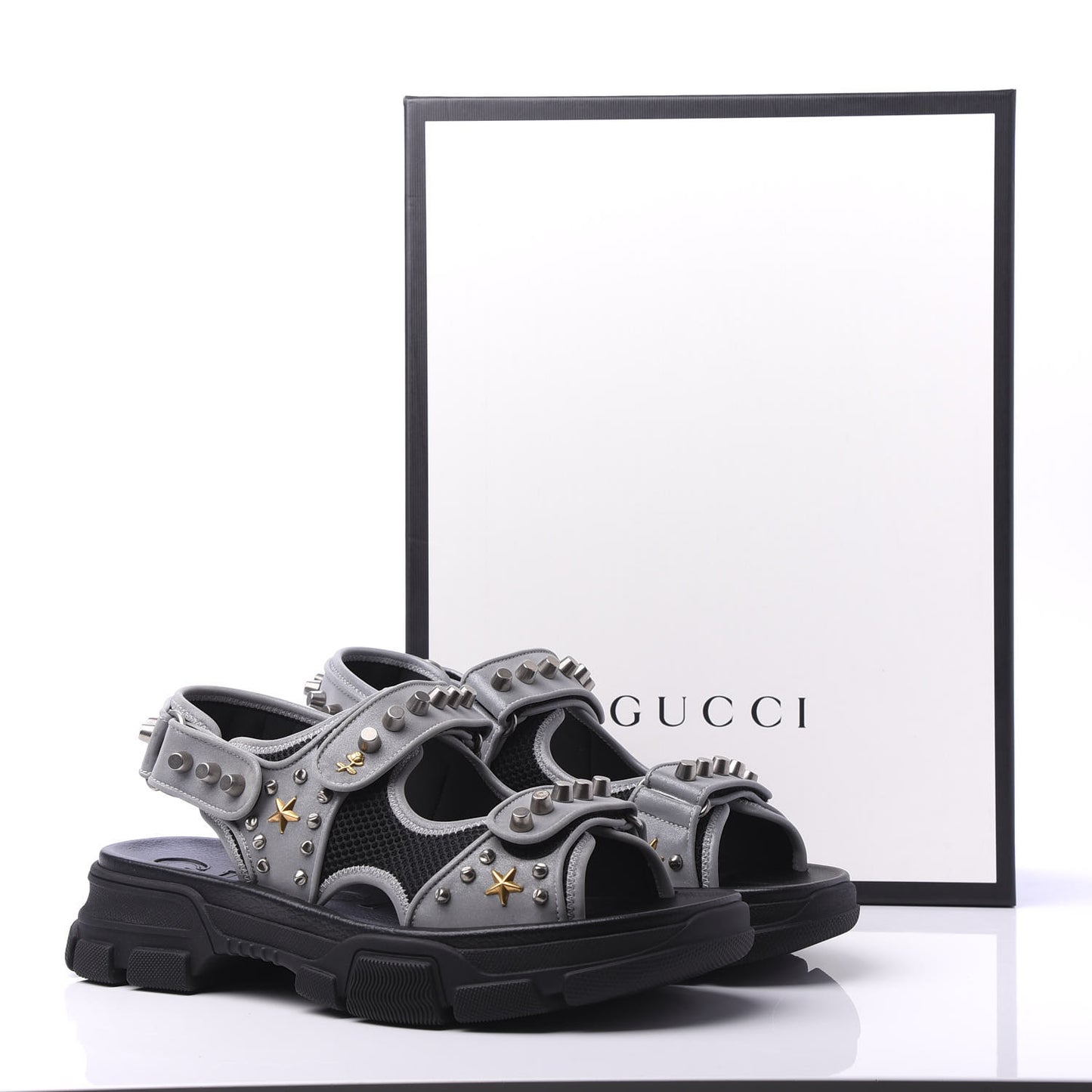 Technical Canvas Calfskin Reflective Studded Mens Aguru Sandals 10 Silver Black