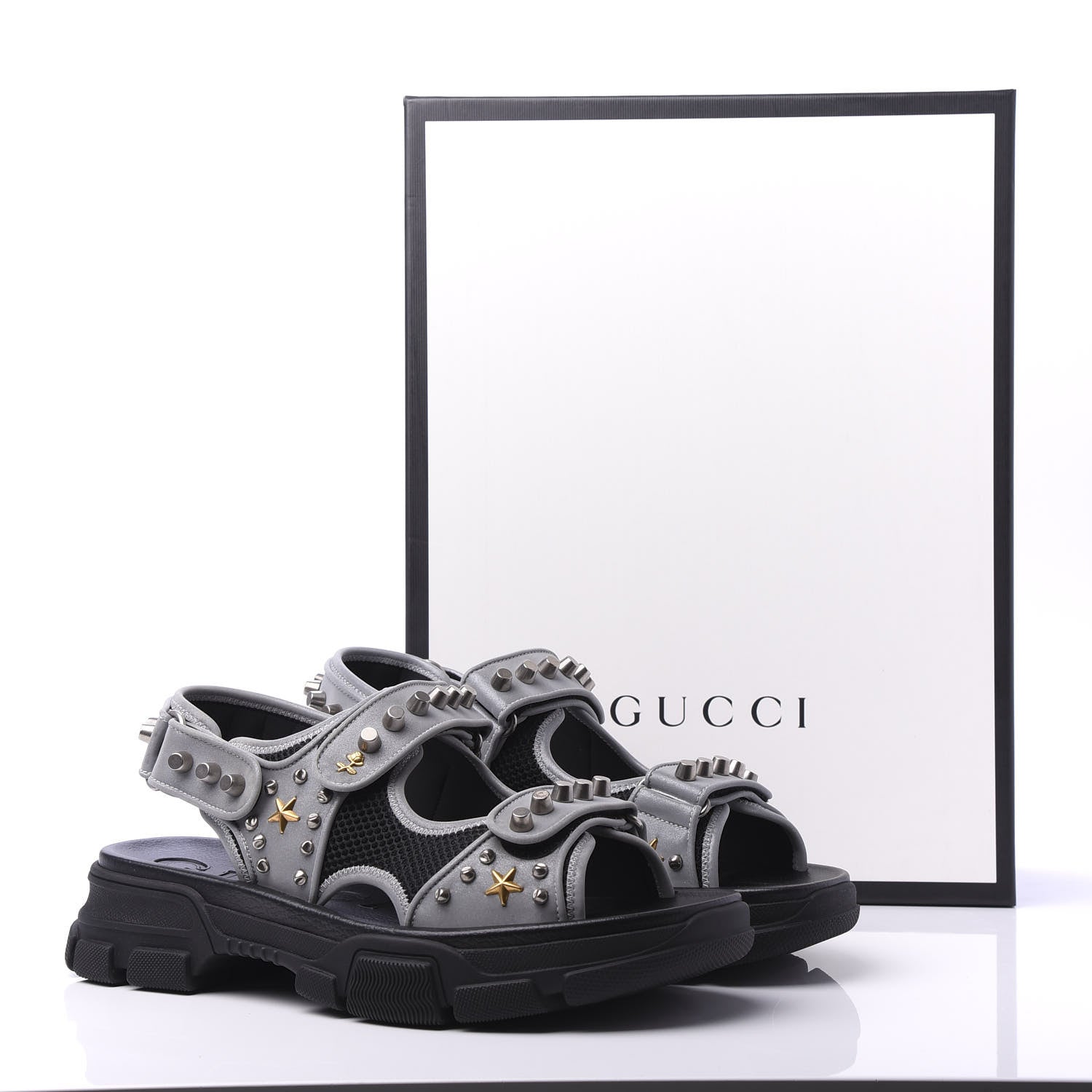 Gucci Technical Canvas Calfskin Reflective Studded Mens Aguru Sandals 10 Silver Black 8 of 8
