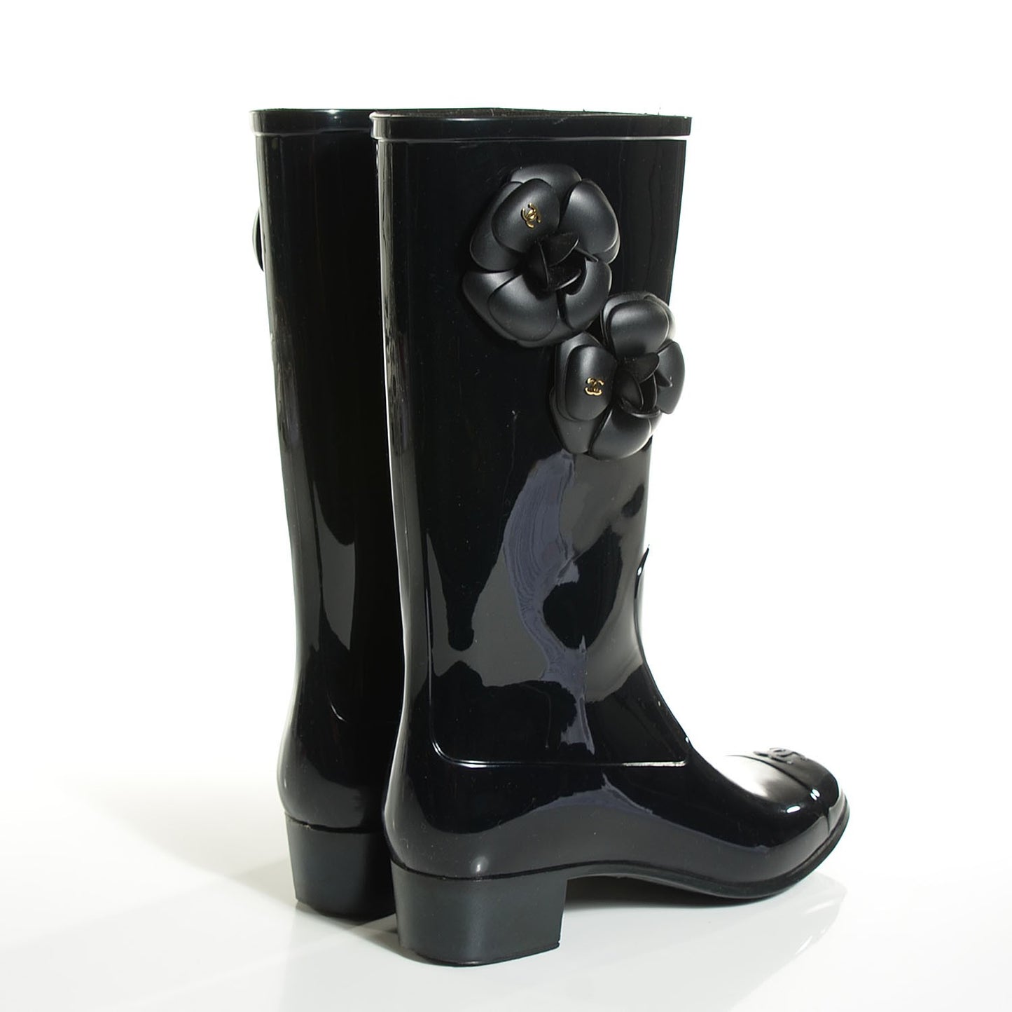 Rubber Glitter Camellia Rain Boots 38 Black