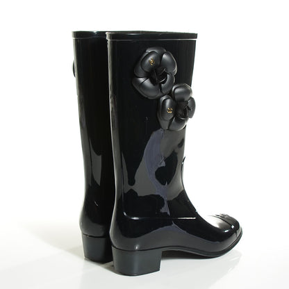 Chanel Rubber Glitter Camellia Rain Boots 38 Black 4 of 6