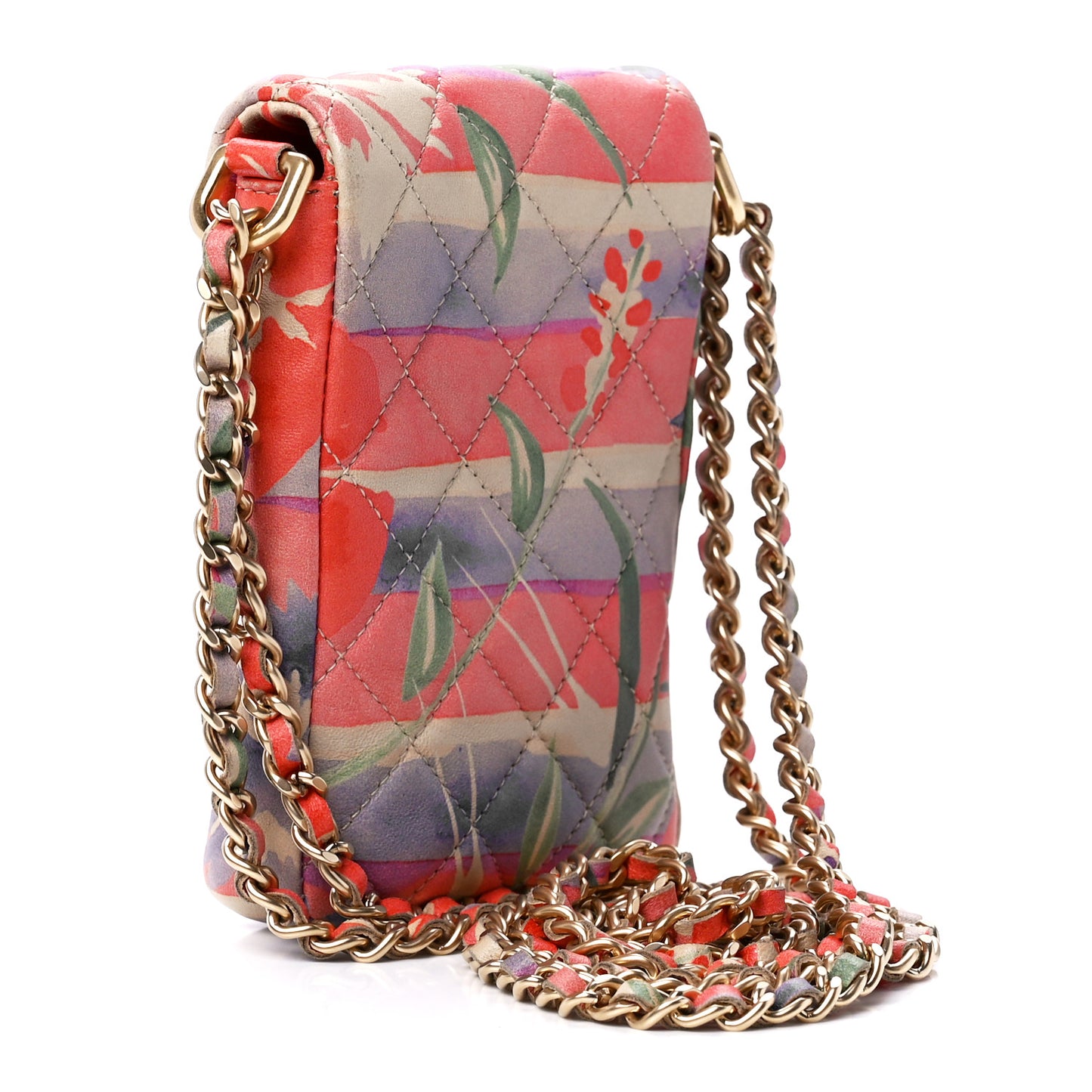 Lambskin Floral Printed Quilted Phone Holder Multicolor