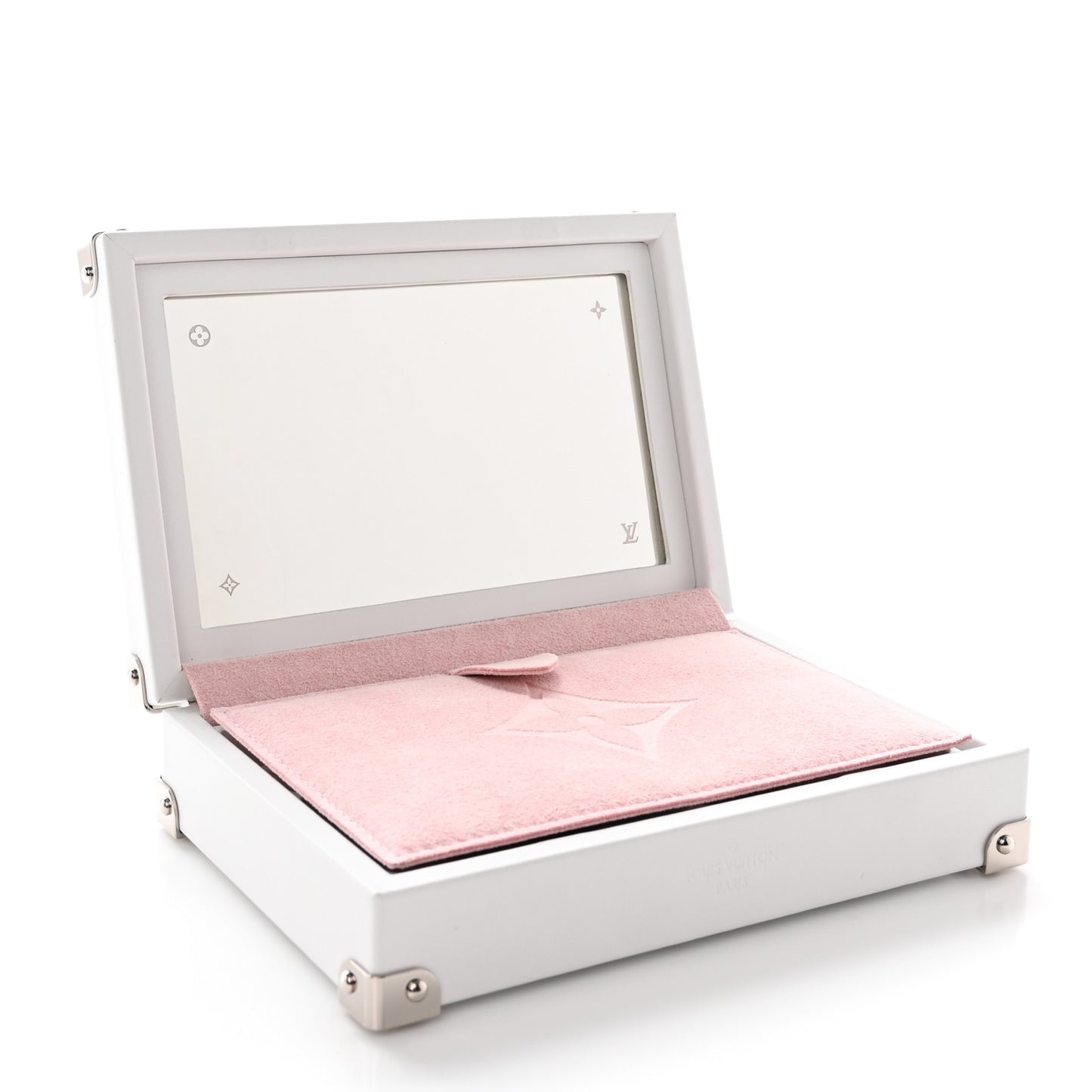 Calfskin Mirror Monogram Etched Jewelry Box Trunk White