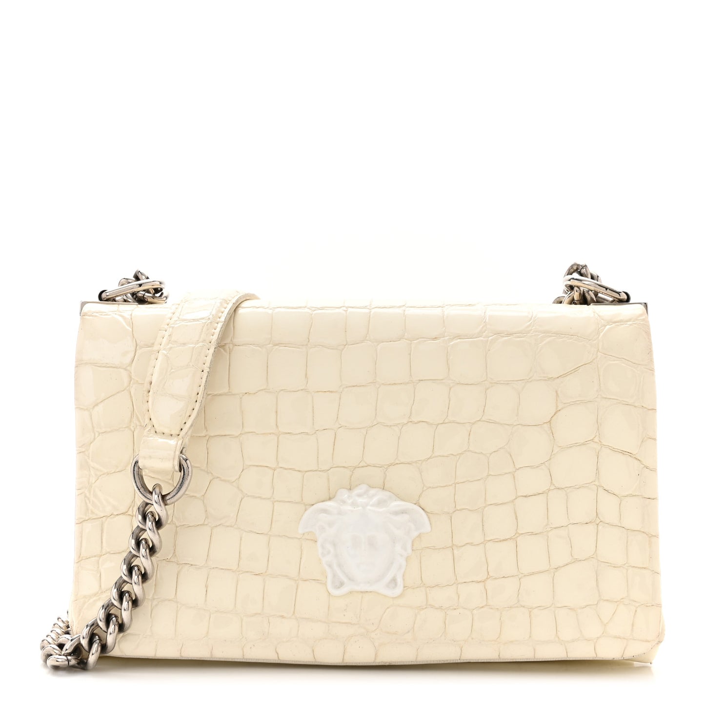 Croc Stamped Patent Palazzo Sultan Shoulder Bag White