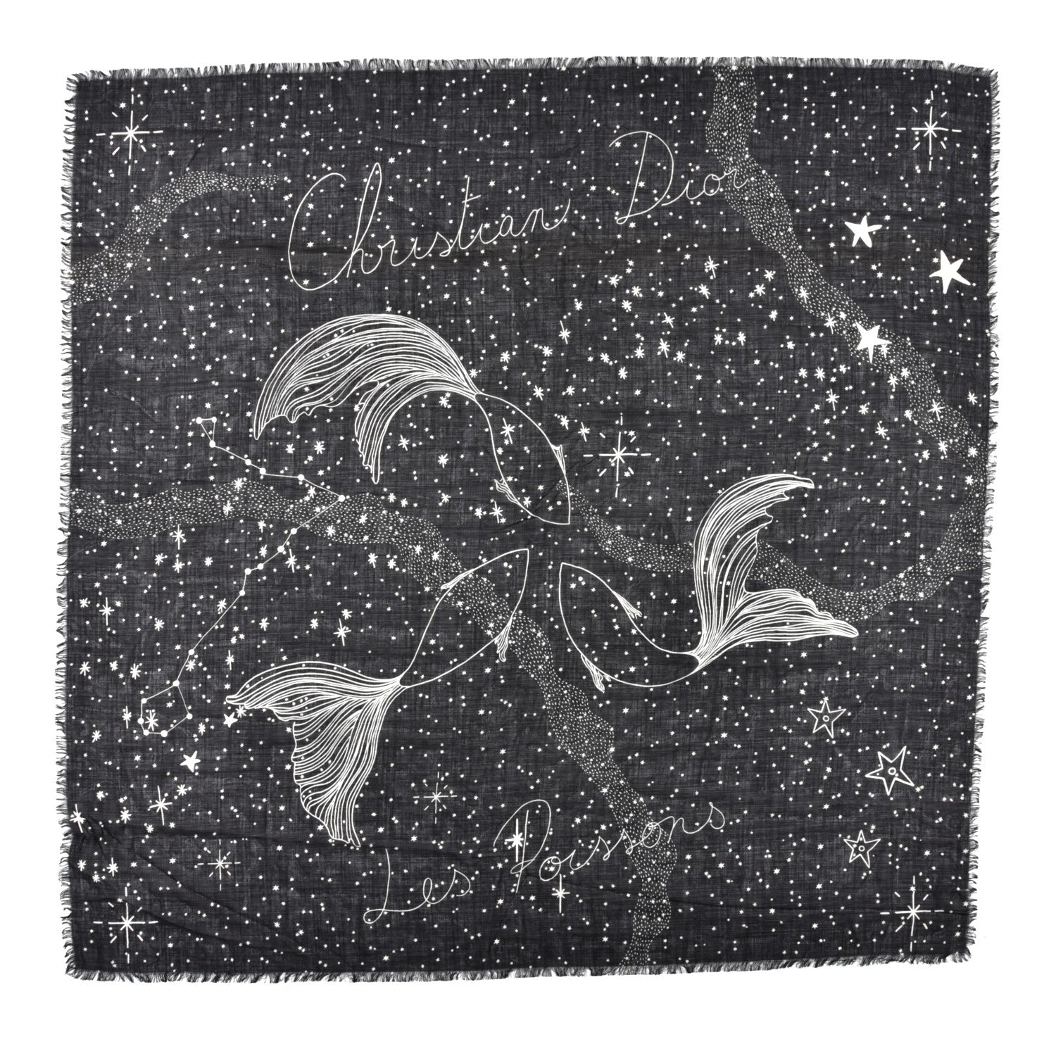 Christian Dior Wool Silk Les Poissons Astrological Constellation Scarf Stole Black 1 of 5