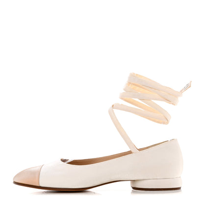 Chanel Satin Cap Toe Ballerina Ankle Wrap Flats 40 White Beige 1 of 12