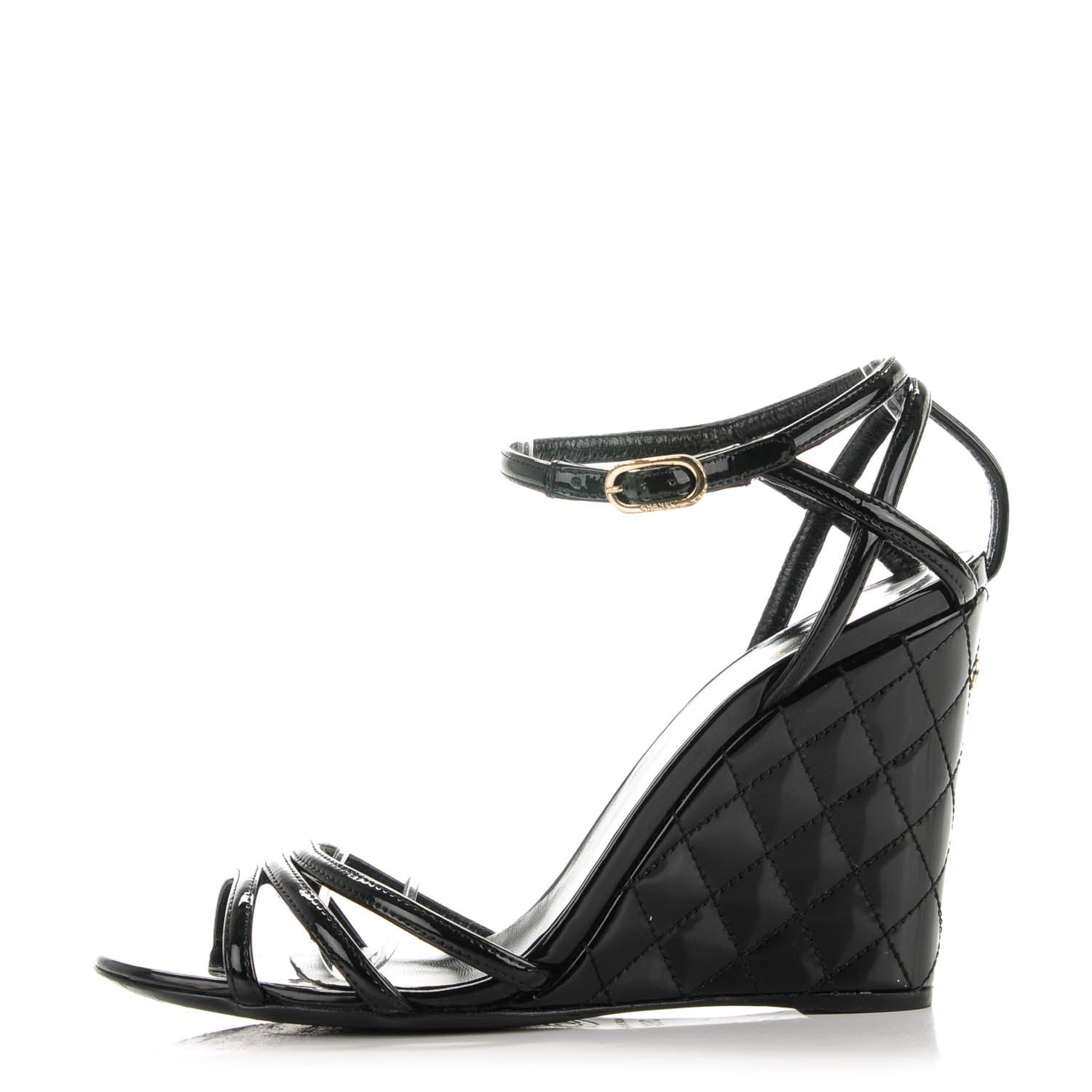 Chanel Patent Quilted Wedge Sandals 36.5 Black 1 of 9