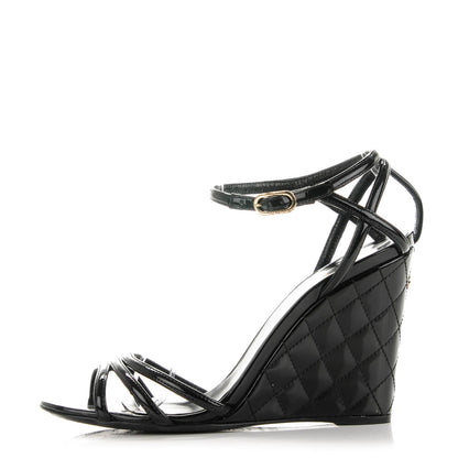 Chanel Patent Quilted Wedge Sandals 36.5 Black 1 of 9