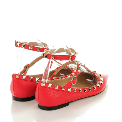 Valentino Garavani Pebbled Calfskin Rockstud Cage Ballerina Flats 36 Red 4 of 8