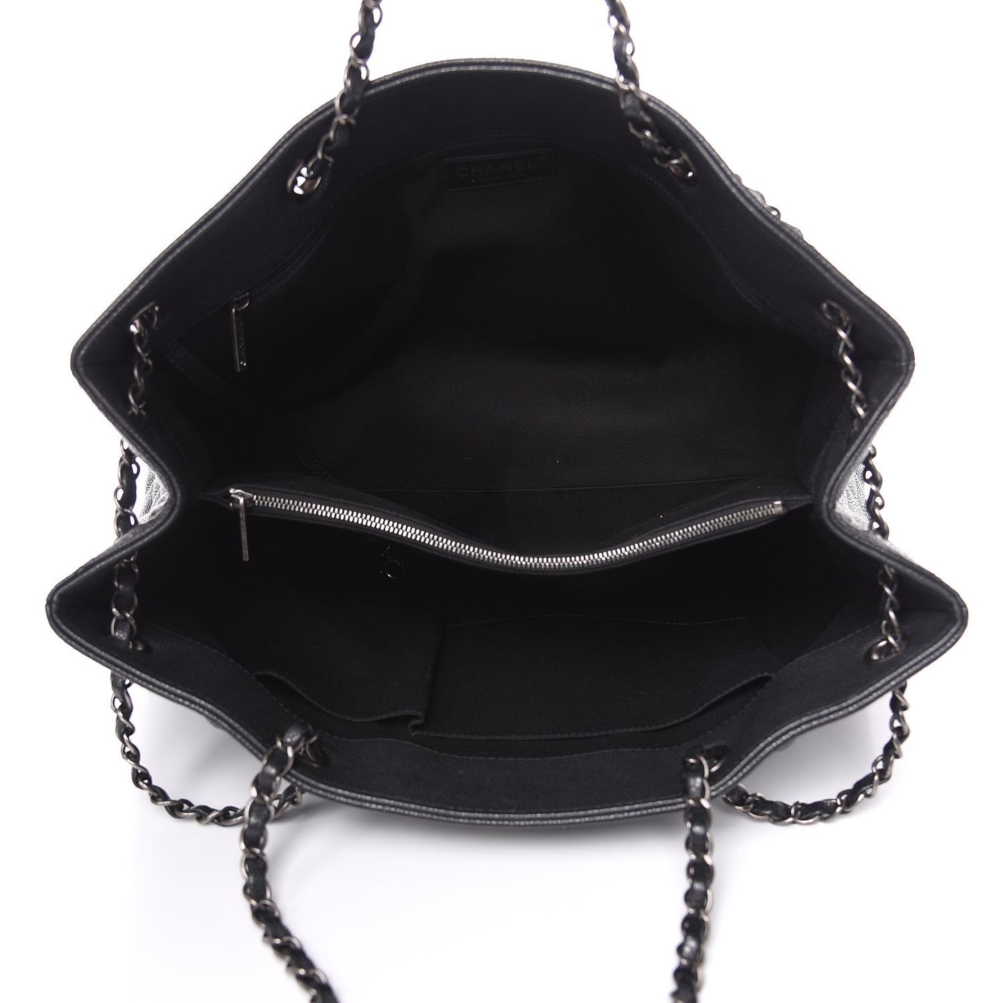 Metallic Grained Calfskin Woven Chain Large Shopping Bag Black
