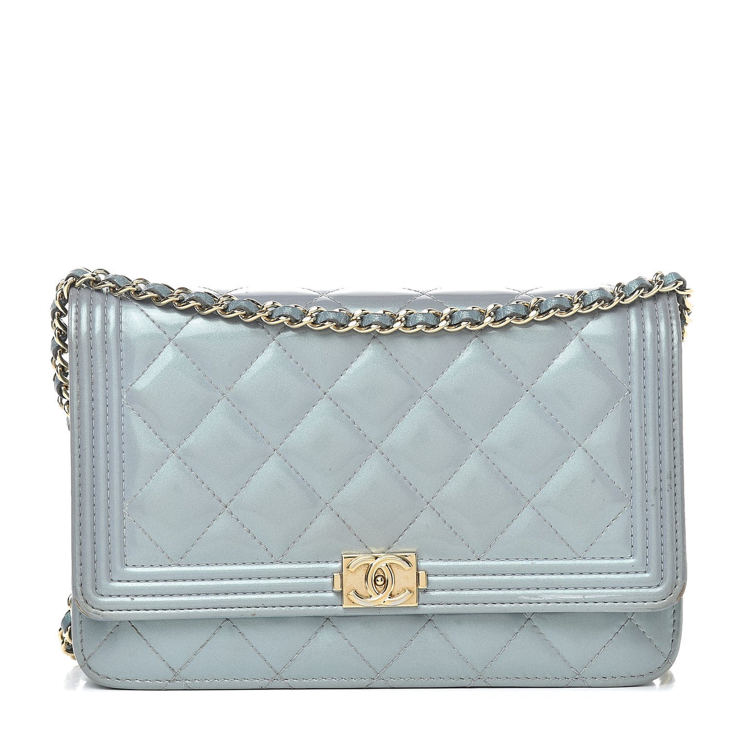 Metallic Patent Calfskin Quilted Boy Wallet on Chain WOC Light Blue