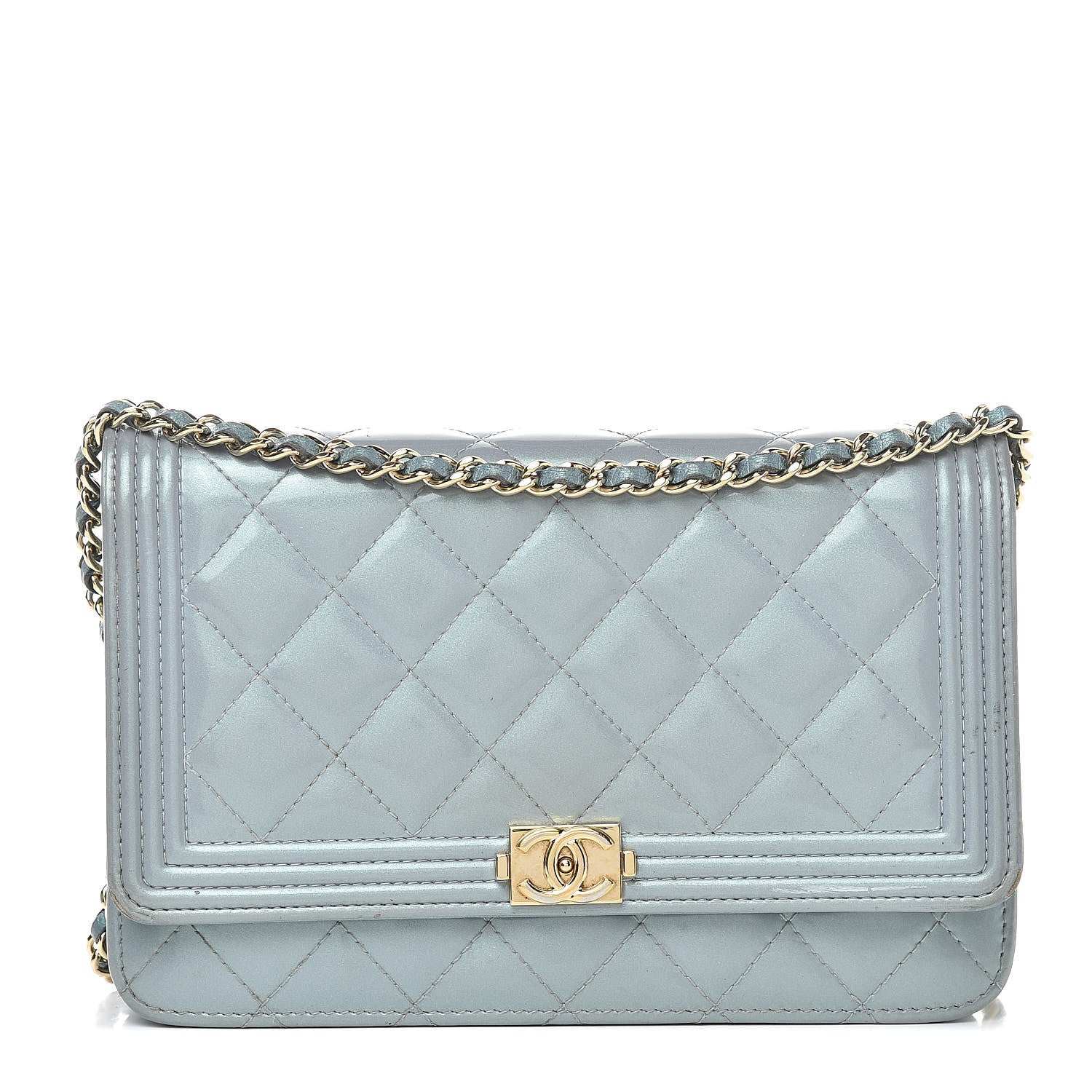 Chanel Metallic Patent Calfskin Quilted Boy Wallet on Chain WOC Light Blue 1 of 15
