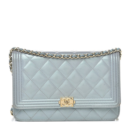 Chanel Metallic Patent Calfskin Quilted Boy Wallet on Chain WOC Light Blue 1 of 15