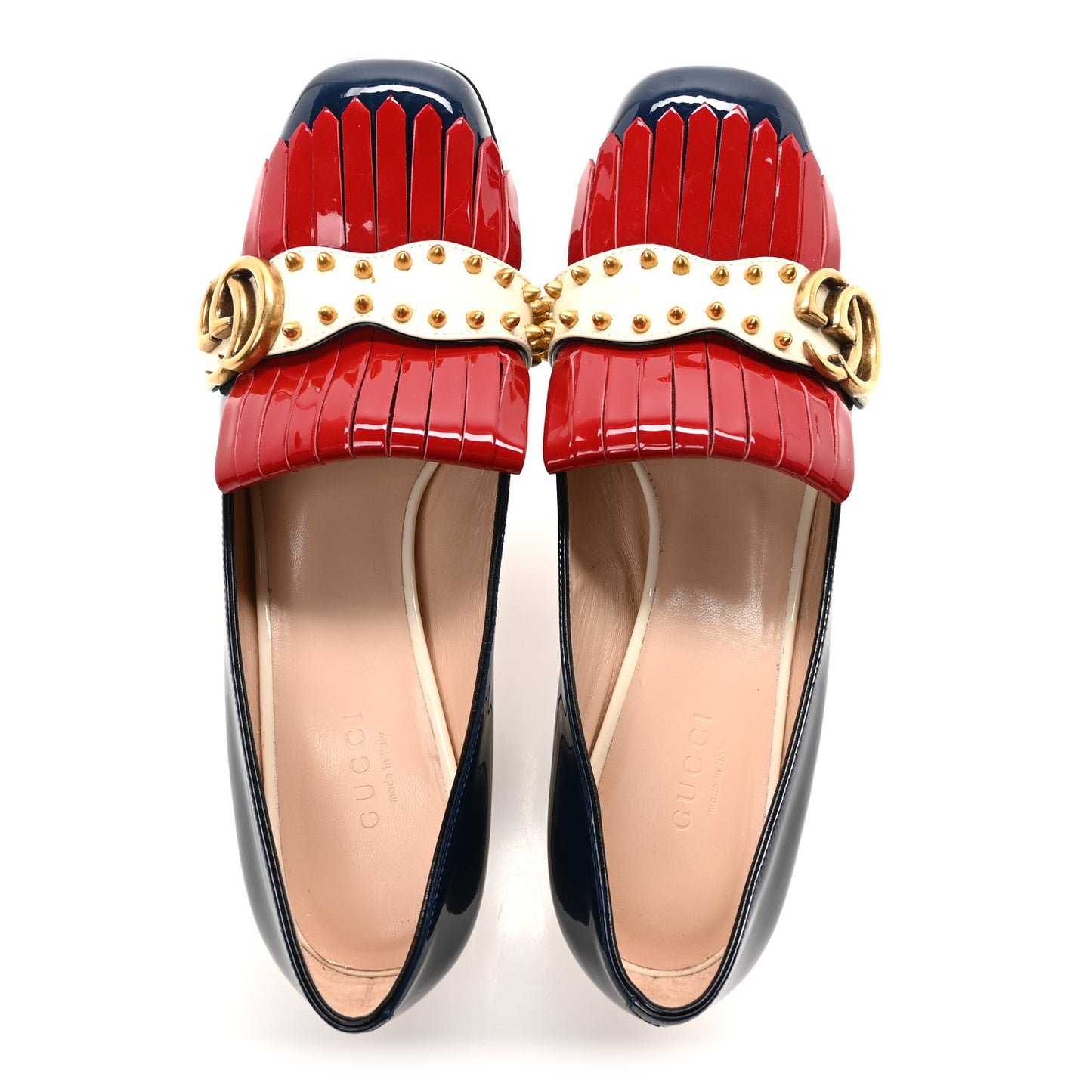 Vernice Studded GG Marmont Fringe 50mm Loafer Pumps 37.5 Blue Agata Hibiscus Red Mystic White