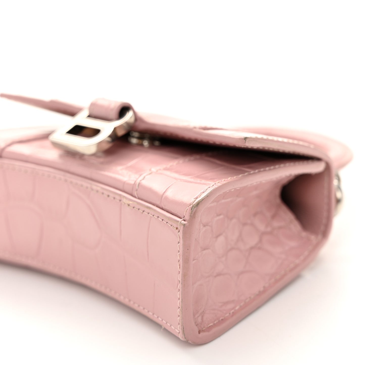 Shiny Calfskin Crocodile Embossed Hourglass Top Handle Bag Mini with Chain Powder Pink