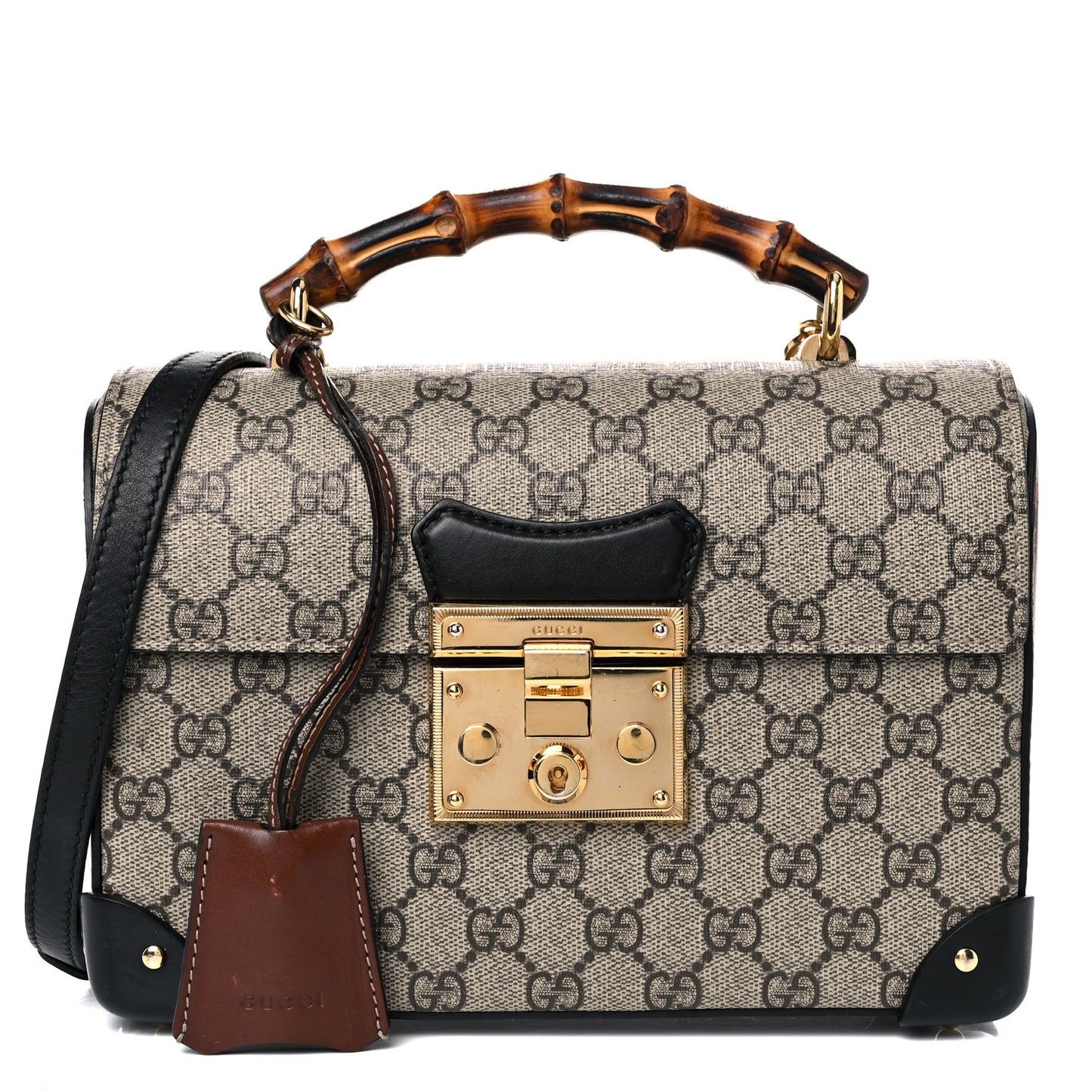GG Supreme Monogram Small Padlock Bamboo Shoulder Bag Beige Black Cuir