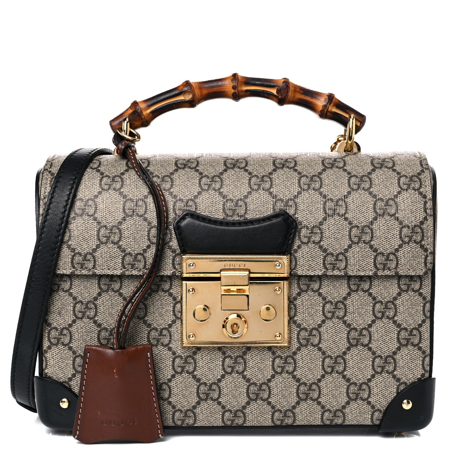 Gucci GG Supreme Monogram Small Padlock Bamboo Shoulder Bag Beige Black Cuir 1 of 18