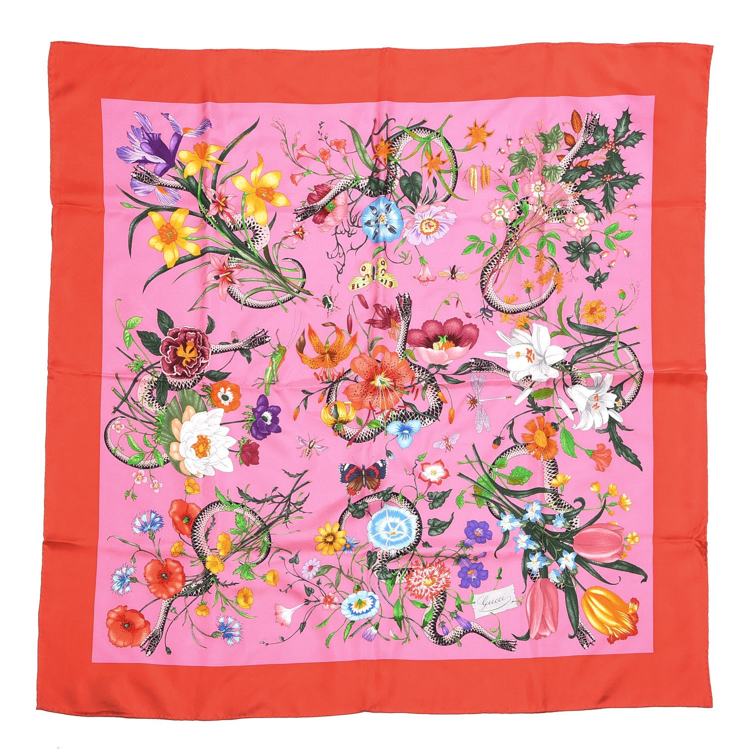 Gucci Silk Twill Flora Snake Square Scarf Rose 1 of 6
