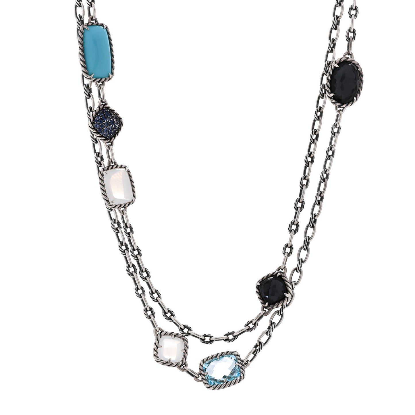 Sterling Silver Blue Sapphire Blue Topaz Doublet Milky Quartz Turquoise Chatelaine Long Necklace