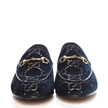 Gucci Velvet GG Monogram Horsebit Womens Jordaan Loafers 40.5 Blue Beige 2 of 9