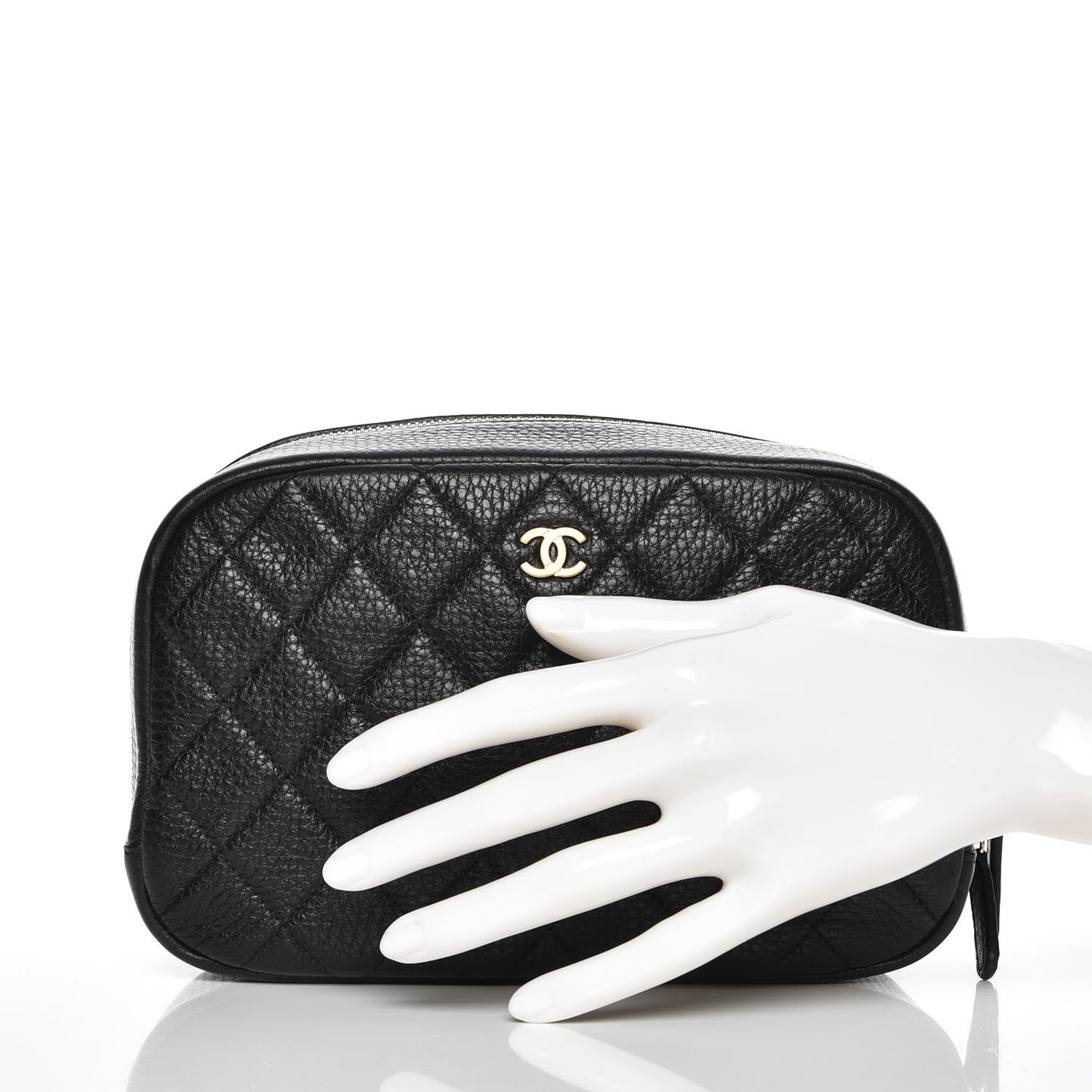 Grained Calfskin Quilted Curvy Pouch Cosmetic Case Black