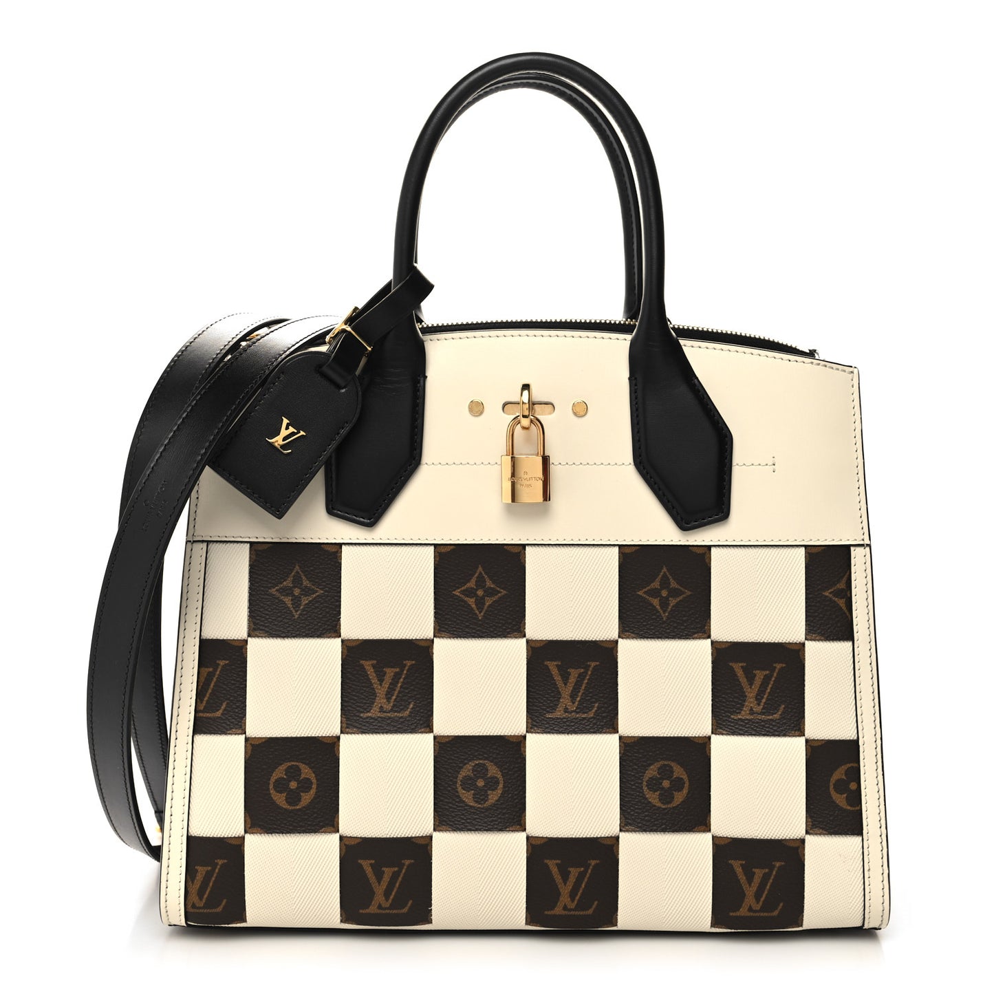 Calfskin Monogram Damier Tressage City Steamer MM Creme