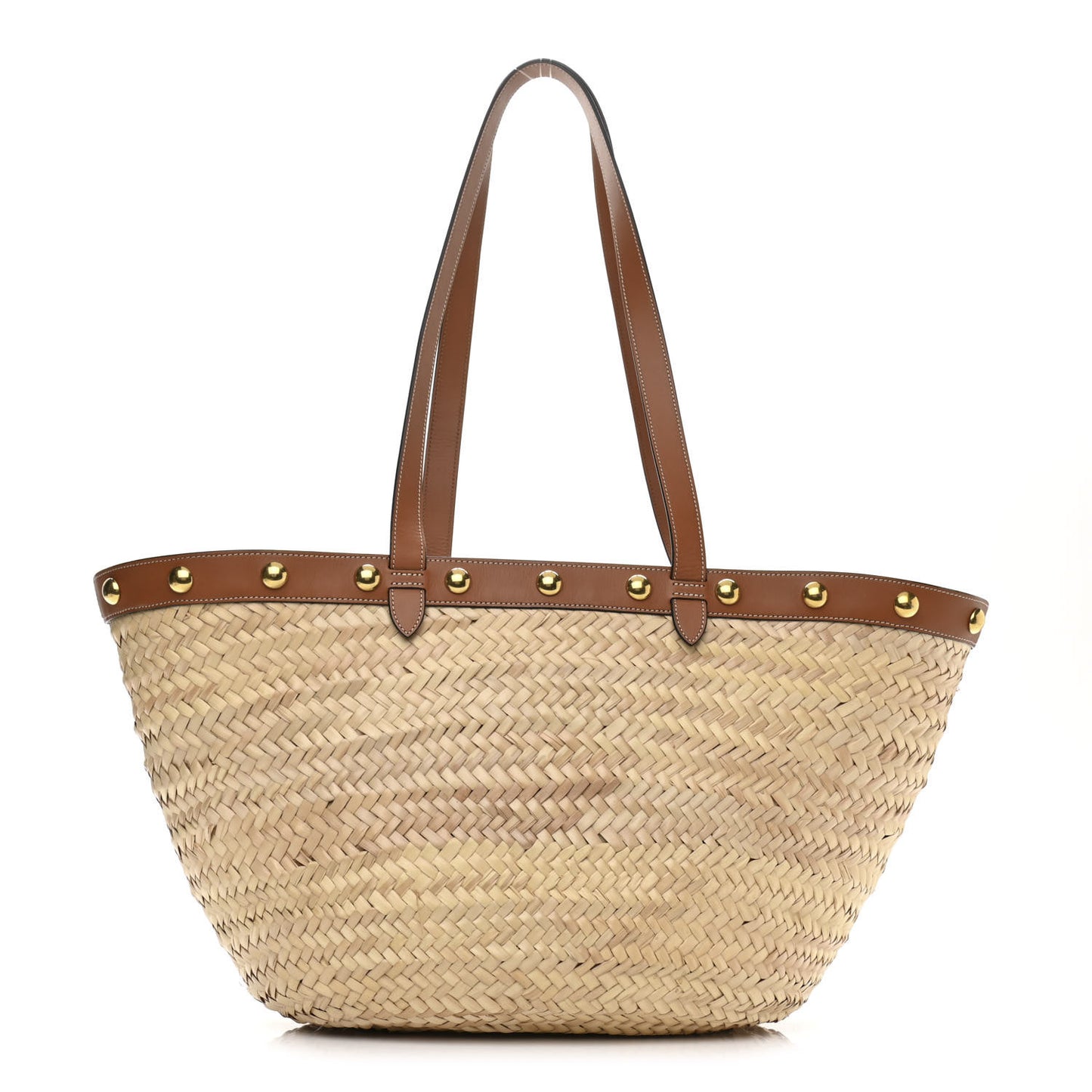 Raffia Calfskin Studs Basket Shoulder Bag Tote Tan
