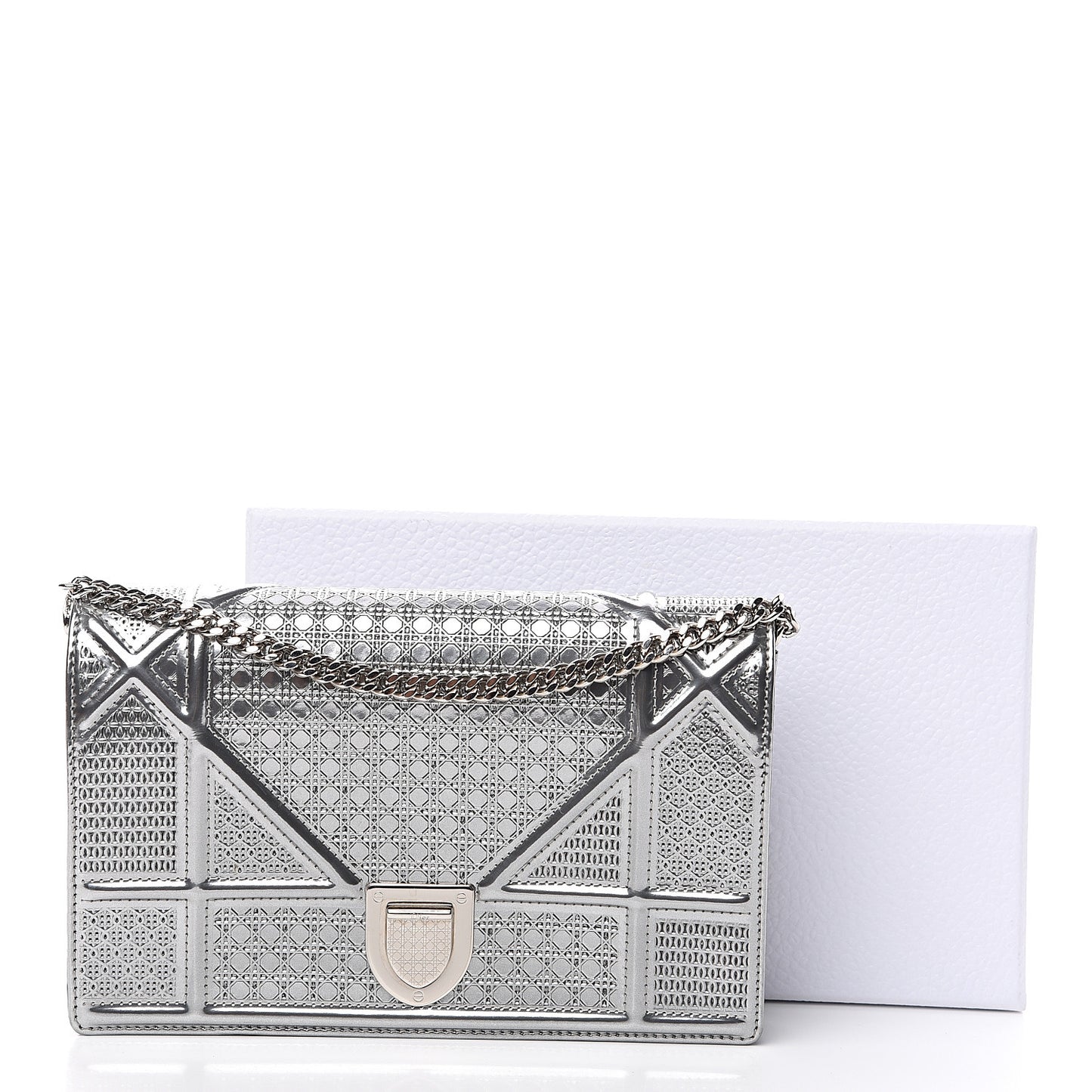 Metallic Patent Micro-Cannage Diorama Wallet on Chain Pouch Silver