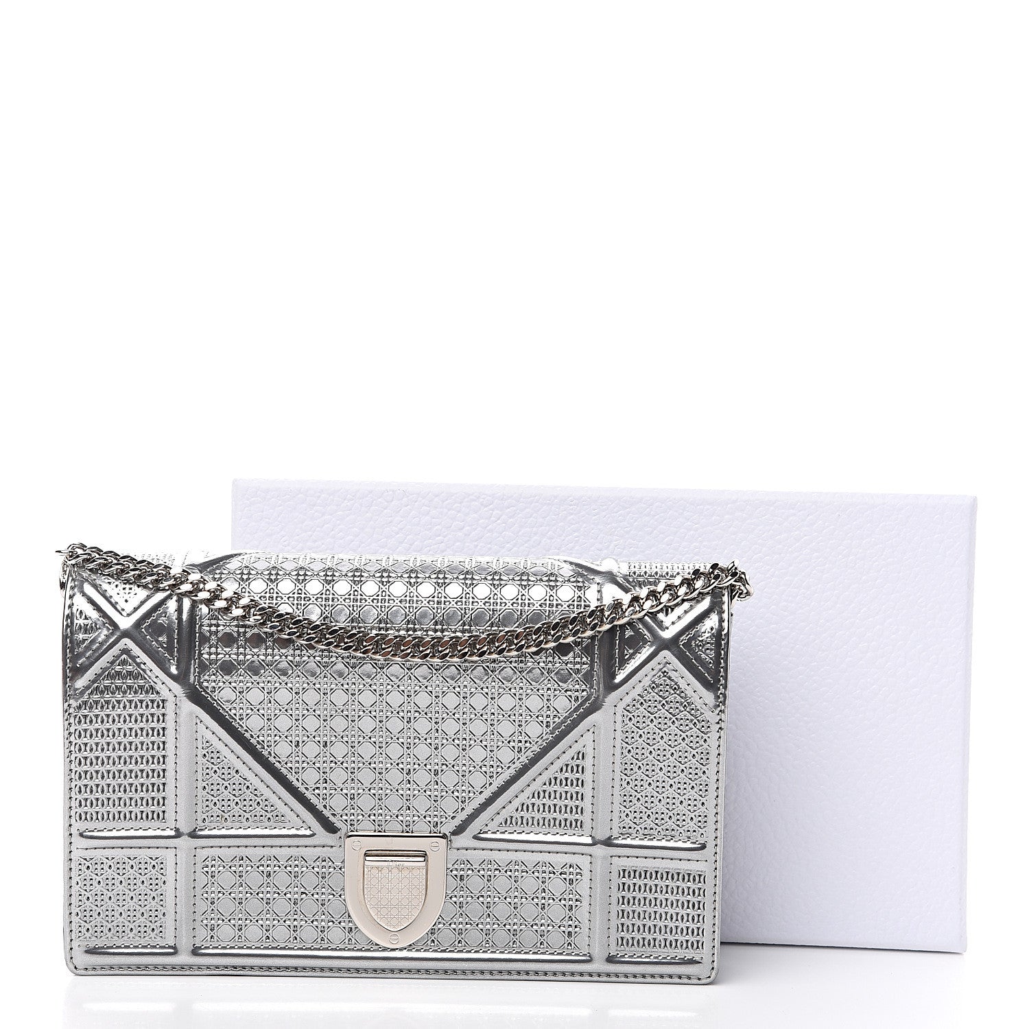 Christian Dior Metallic Patent Micro-Cannage Diorama Wallet on Chain Pouch Silver 8 of 8
