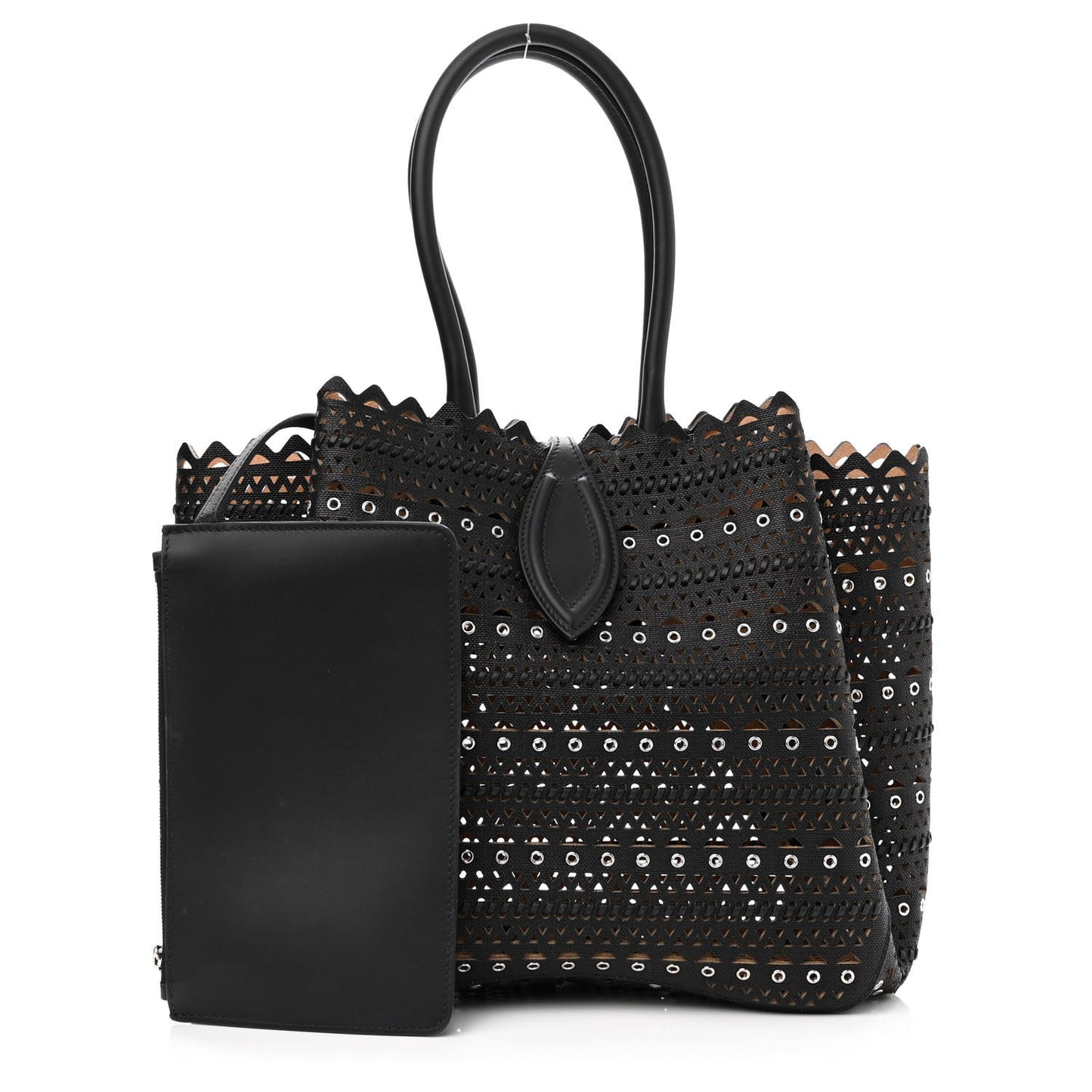 Calfskin Laser Cut Grommet Angele 25 Tote Black