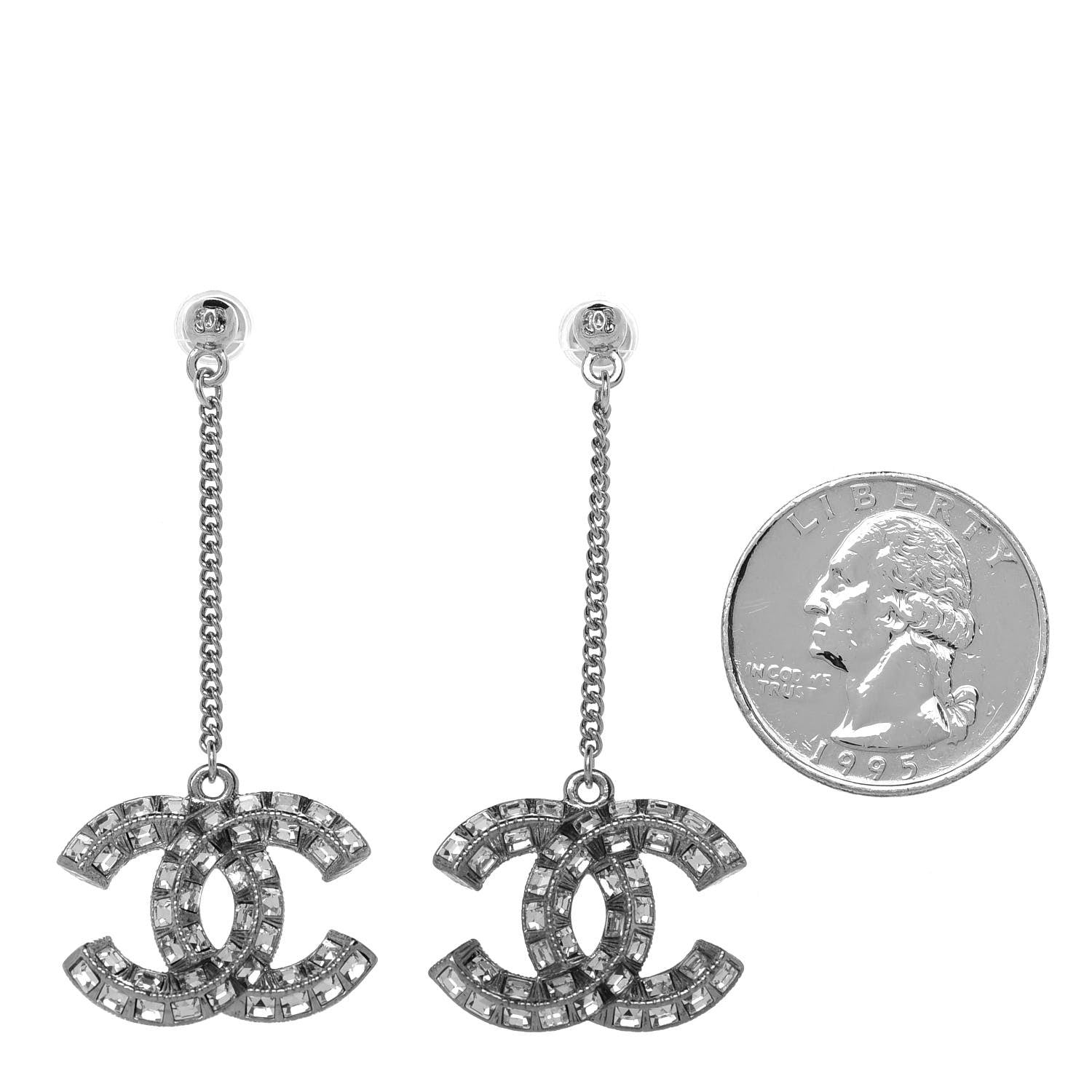 Chanel Baguette Crystal CC Drop Earrings Silver 2 of 4