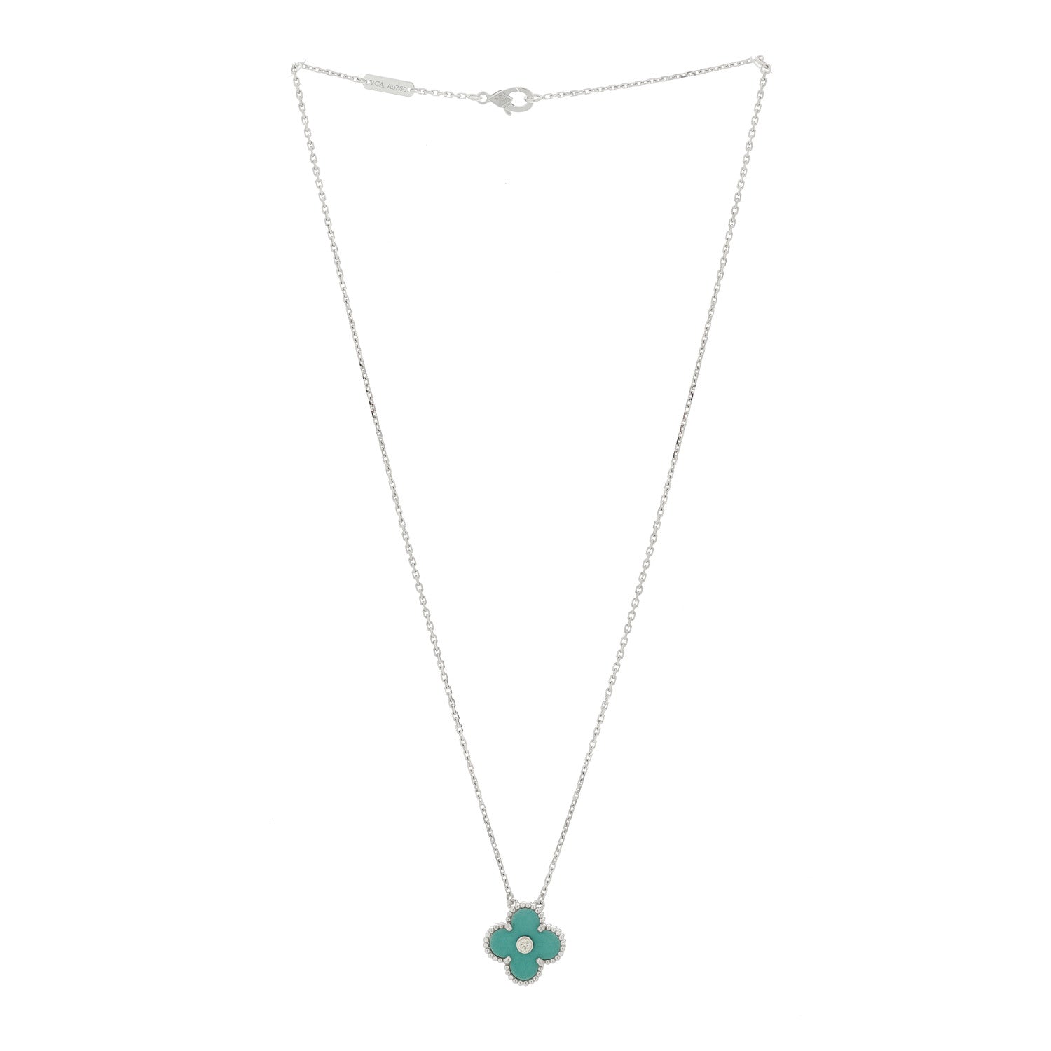 Van Cleef & Arpels 18K White Gold Diamond Celadon Green Sevres Porcelain Vintage Alhambra Pendant Necklace 3 of 6