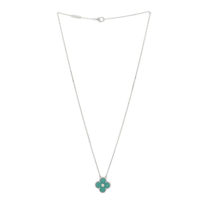 Van Cleef & Arpels 18K White Gold Diamond Celadon Green Sevres Porcelain Vintage Alhambra Pendant Necklace 3 of 6