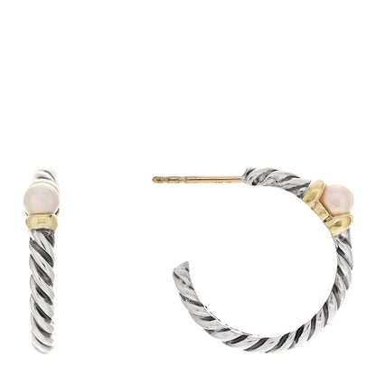 David Yurman Sterling Silver 14K Gold 3mm Cultured Pearl Metro Hoop Earrings 1 of 4