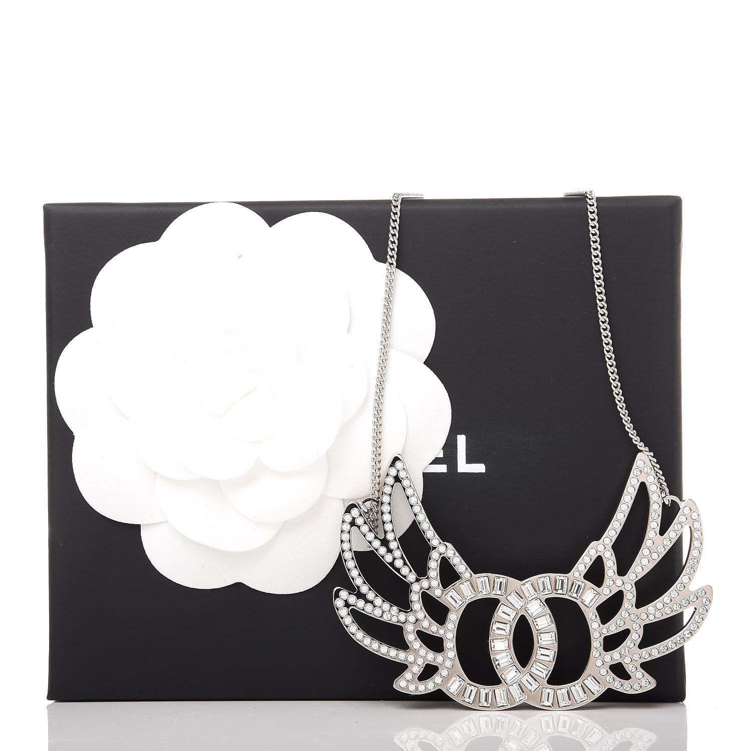 Chanel Baguette Crystal Winged CC Necklace Silver 7 of 7