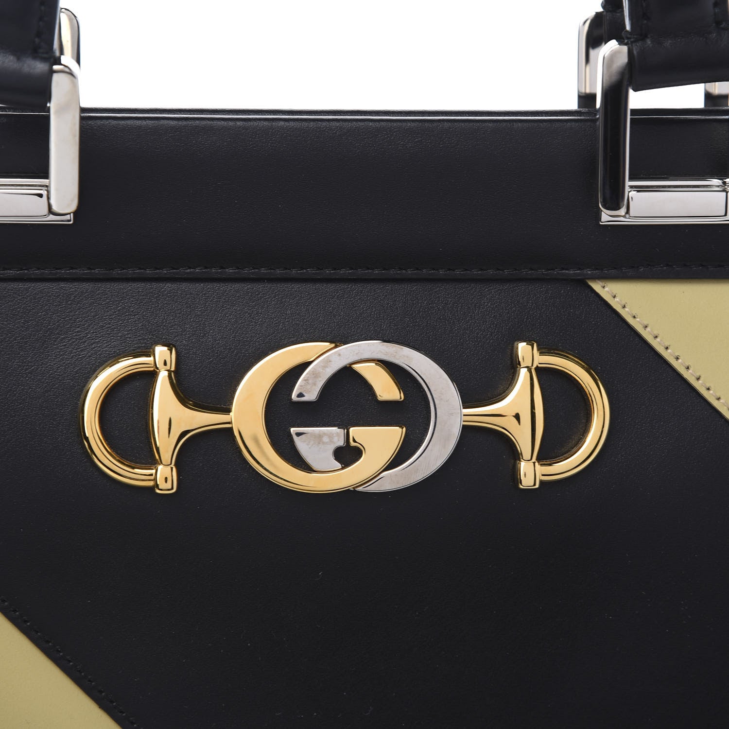 Gucci Smooth Calfskin Diagonal Striped Medium Zumi Top Handle Bag Black Beige 10 of 10