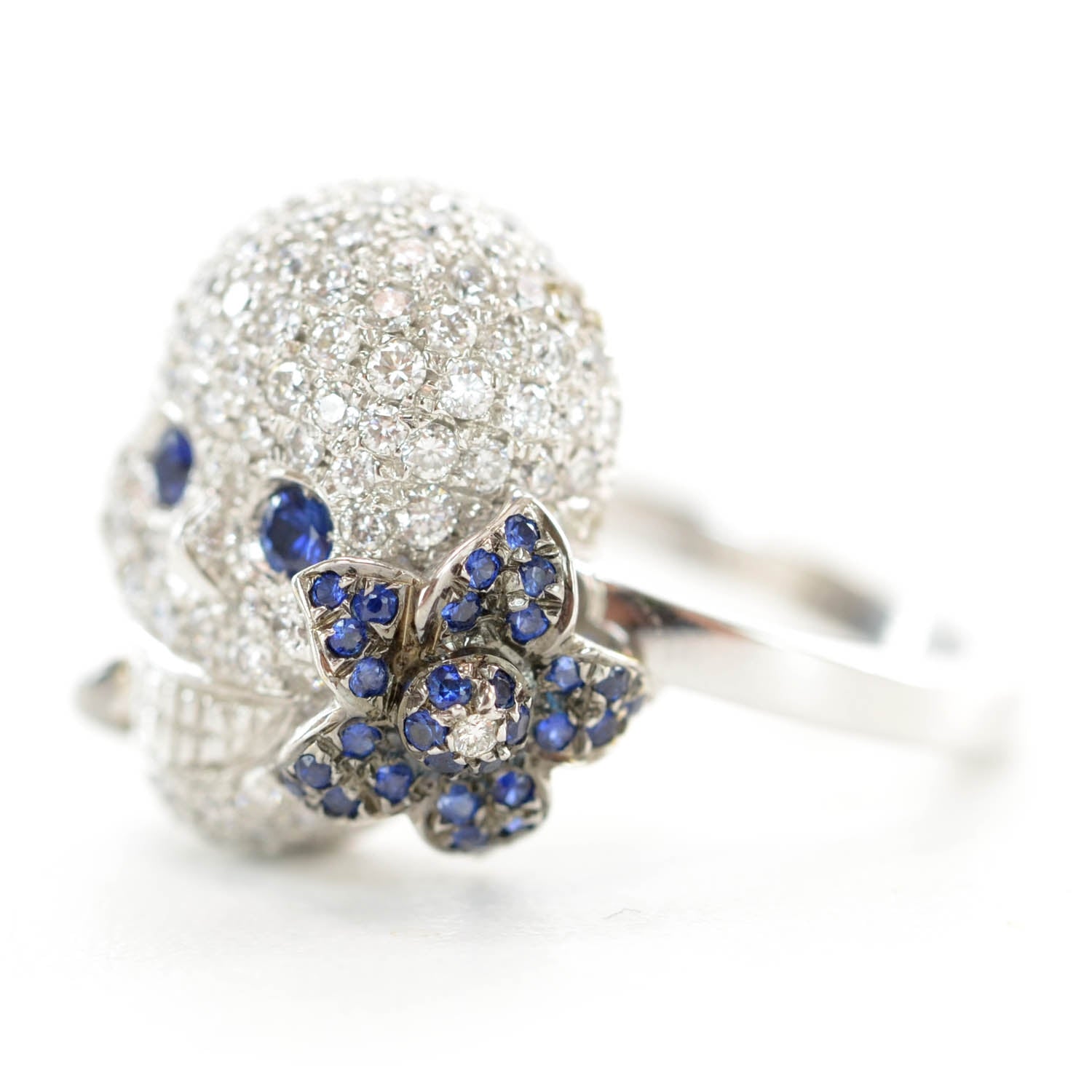 Gucci 18K White Gold Diamond Sapphire Skull Ring 13 US 7 5 of 7
