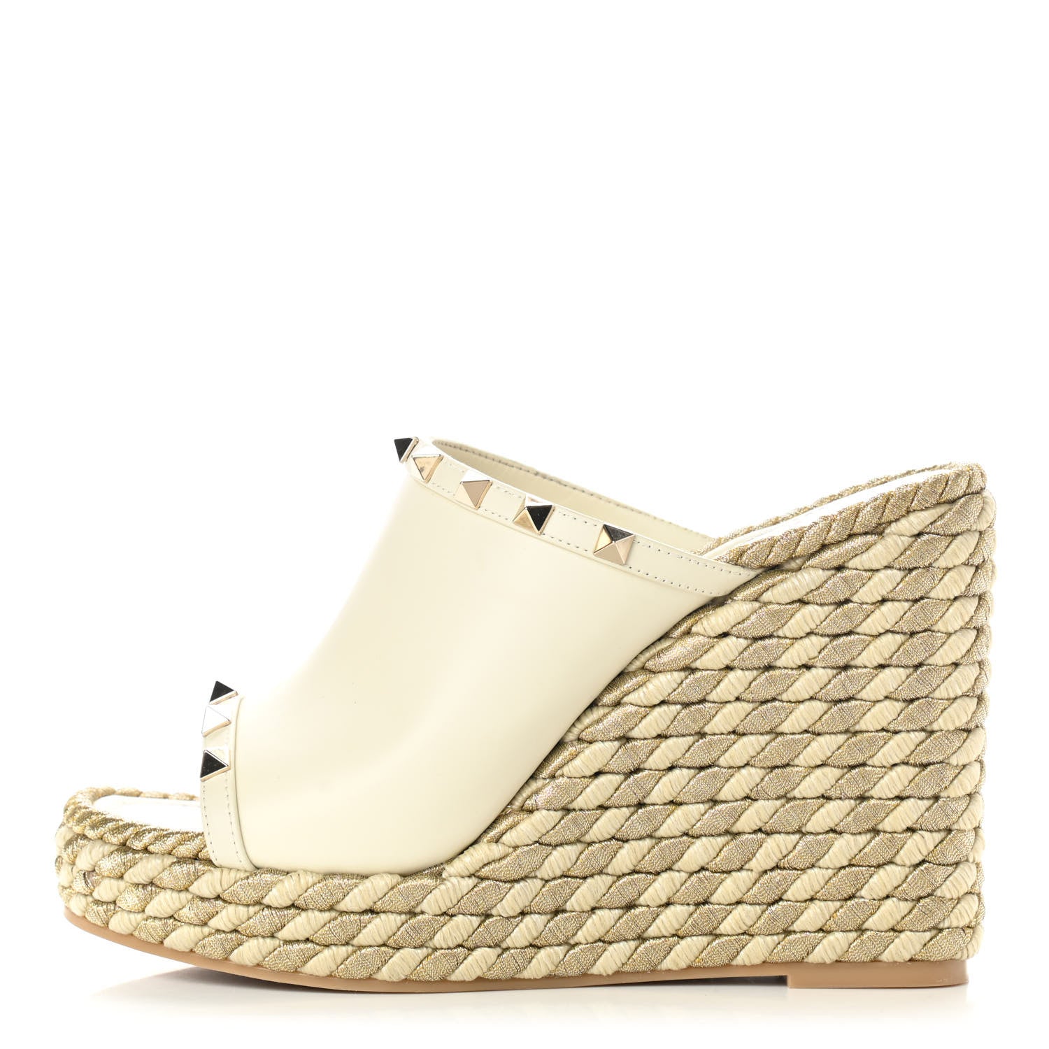 Valentino Garavani Calfskin Silk Rockstud Torchon Espadrille Wedge 25/115mm Slide Sandals 38 Light Ivory 1 of 9