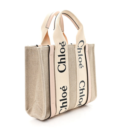 Chloe Linen Calfskin Small Woody Ribbon Tote With Strap White Pink White Pink 3 of 12