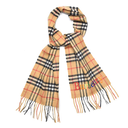 Burberry Cashmere Vintage Check Fringe Embroidered Scarf Antique Yellow 1 of 6