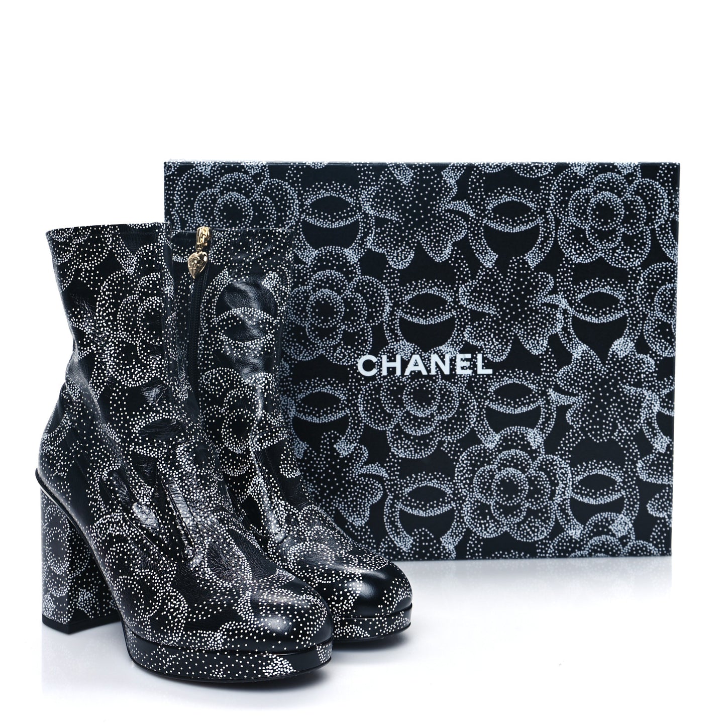 Calfskin Camellia Printed Ankle Boots 38 Black White