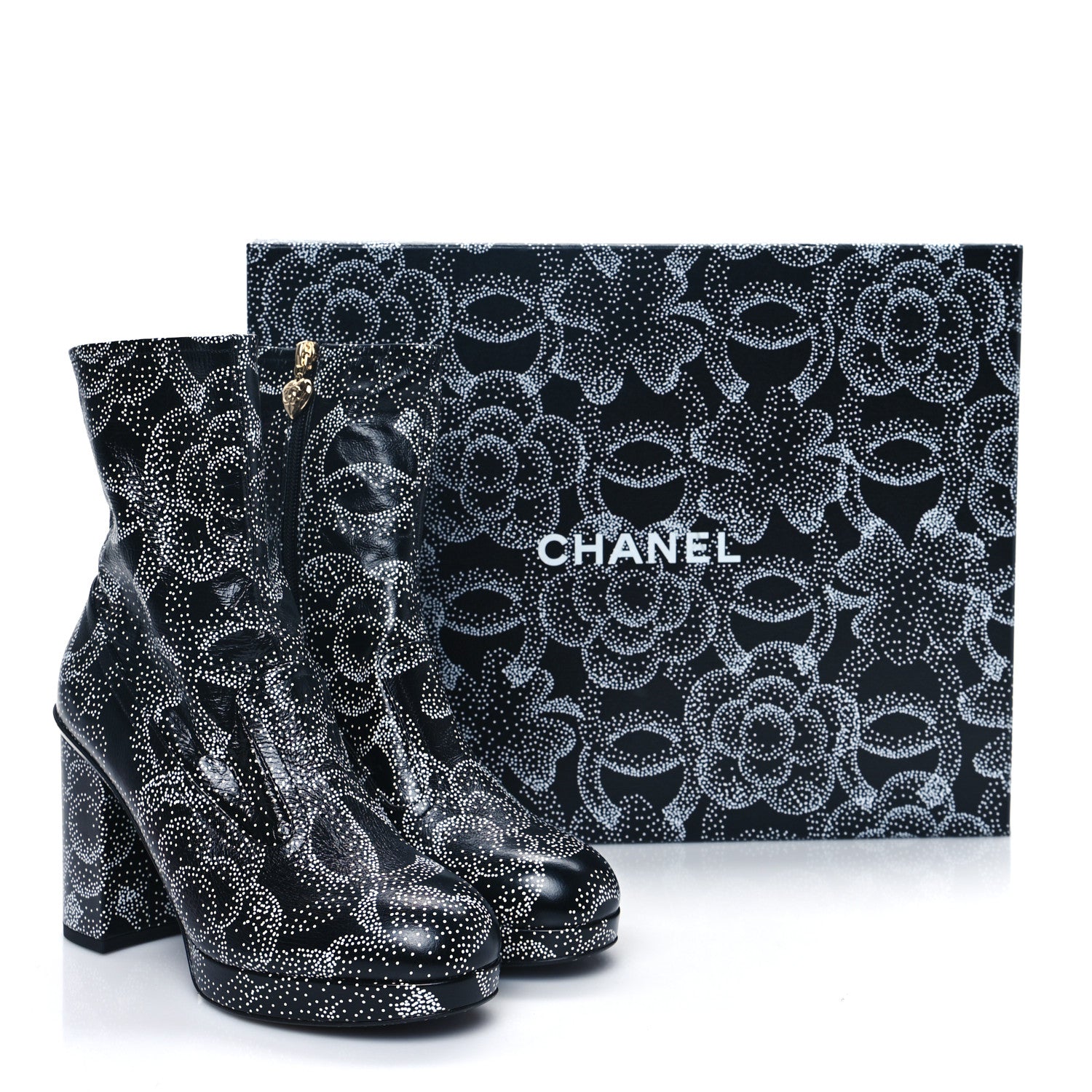 Chanel Calfskin Camellia Printed Ankle Boots 38 Black White 10 of 10