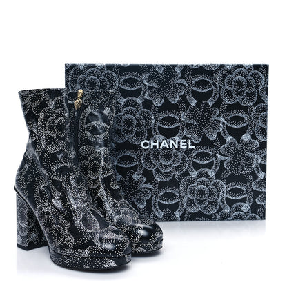 Chanel Calfskin Camellia Printed Ankle Boots 38 Black White 10 of 10