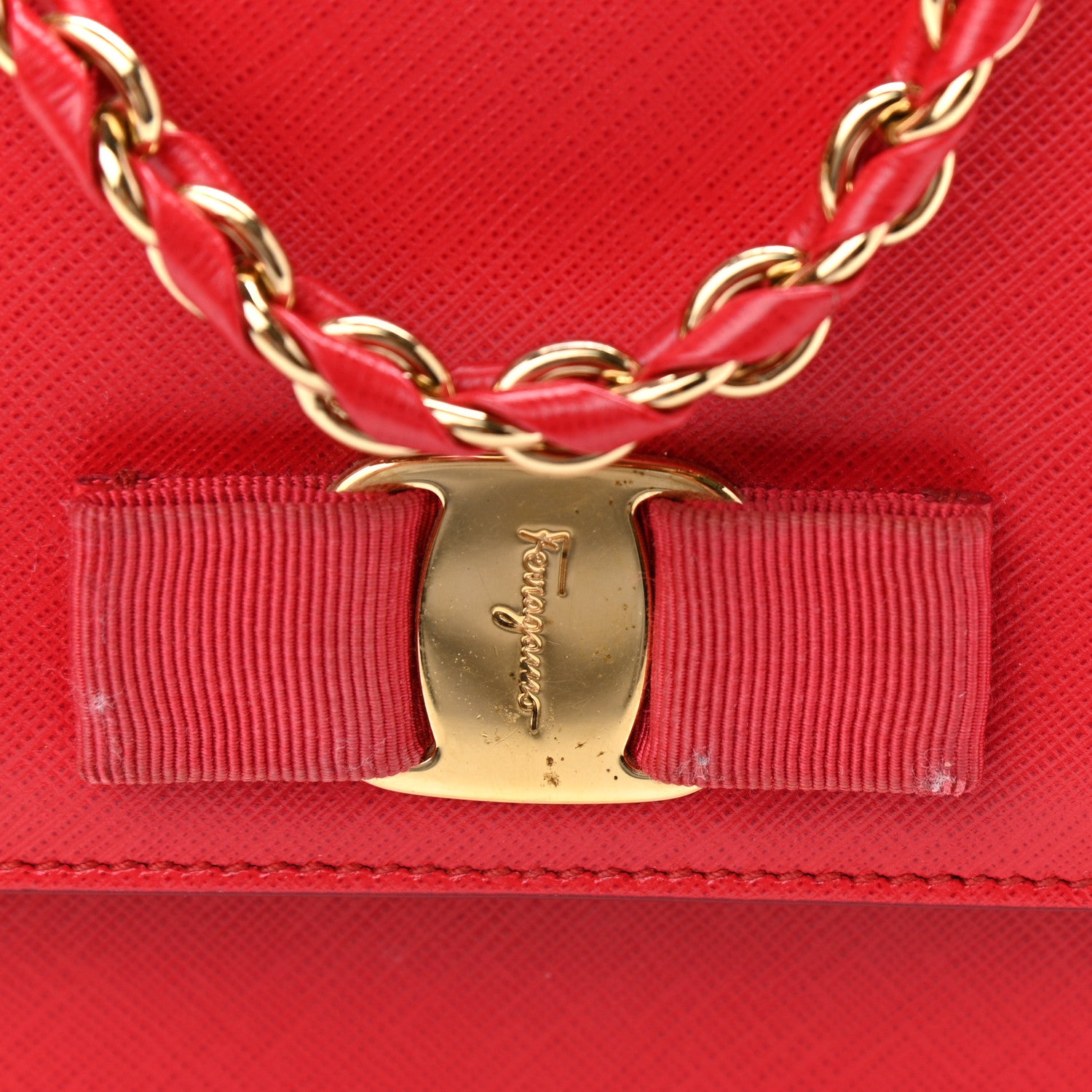 Salvatore Ferragamo Hammered Calfskin Vara Bow Chain Bag Red 10 of 11