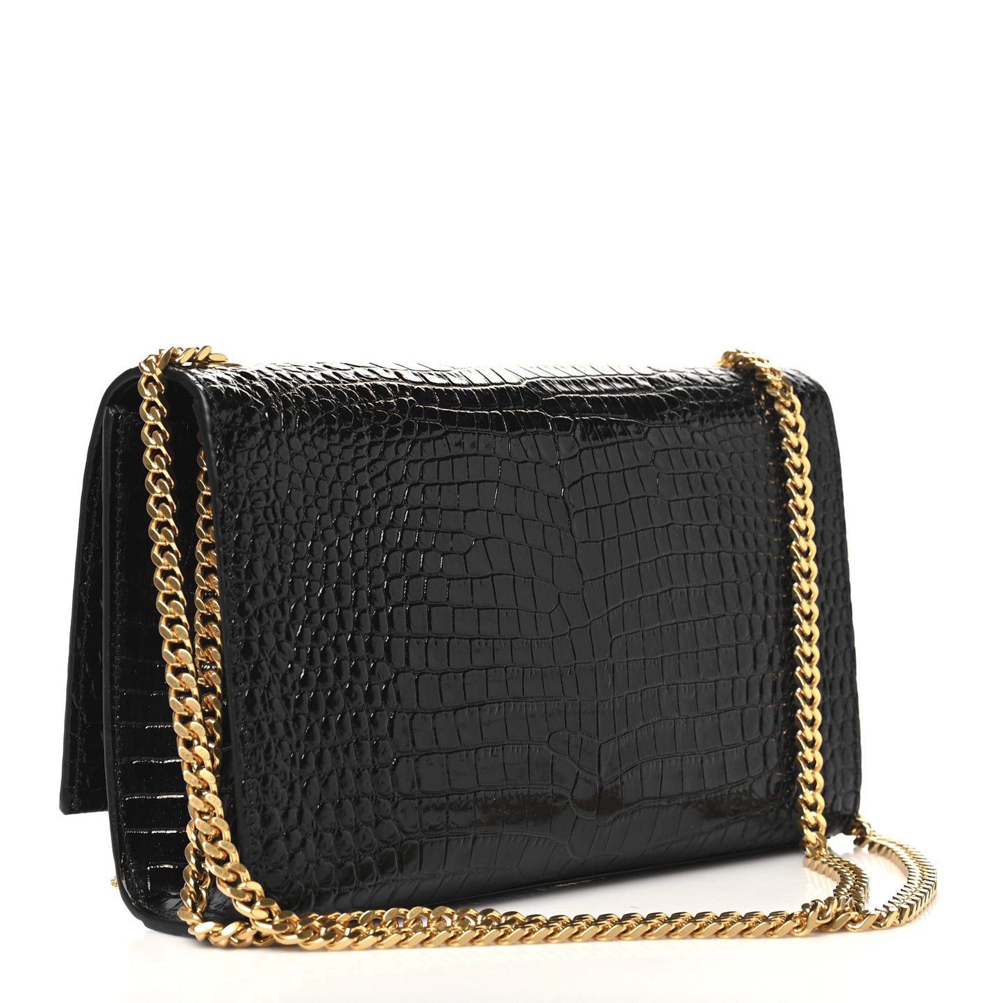 Calfskin Crocodile Embossed Medium Classic Monogram Kate Tassel Satchel Black