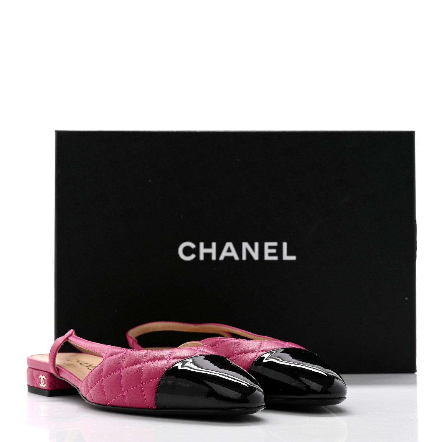 Chanel Lambskin Patent Cap Toe CC Slingback Flats 37 Pink Black 11 of 11